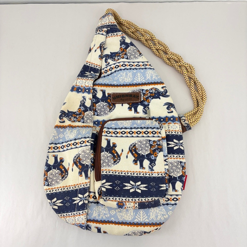 Unionbay Elephant Sling Backpack Blue White Cotton Canvas Bag Travel Boho Hippie
